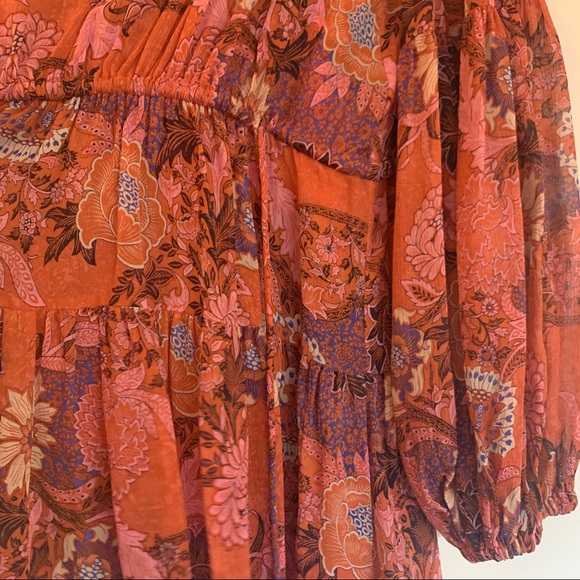 NWT A.L.C ALC pink purple printed tiered long sleeve v-neck mini dress - Picture 7 of 14